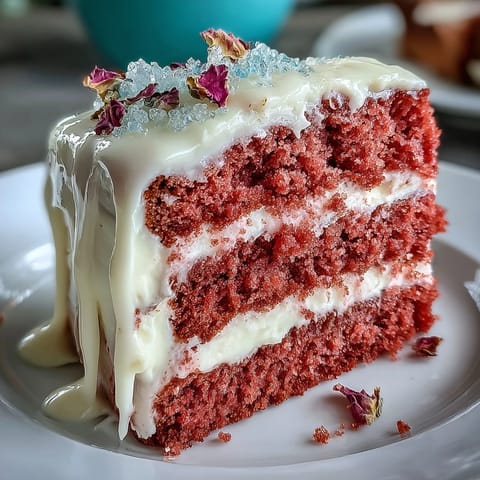 Fluffy Rosé Velvet Cake adorned with creamy frosting and a luxurious shimmering gold cascade.