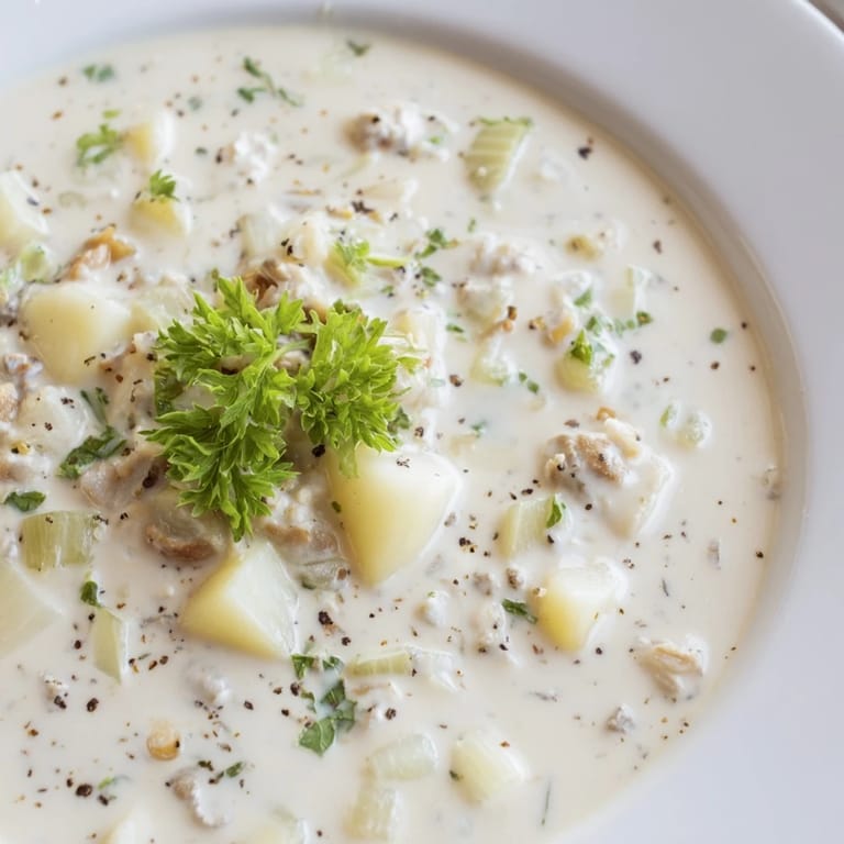 A close-up shot of hot, delicious Clam Chowder; a comforting, savory recipe for any occasion.