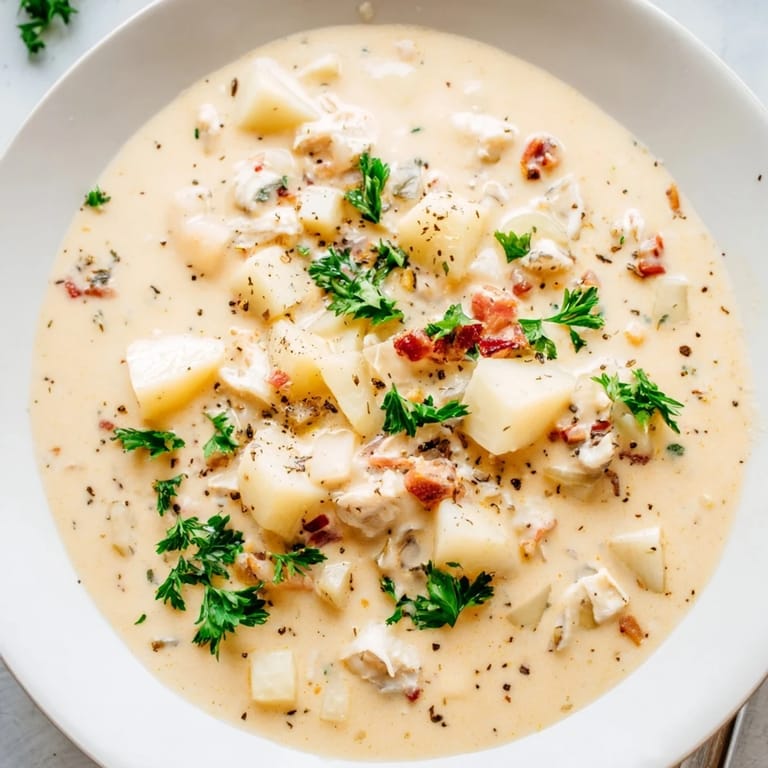 Freshly garnished, a rich Clam Chowder showcases creamy broth and hearty ingredients for a warming meal.