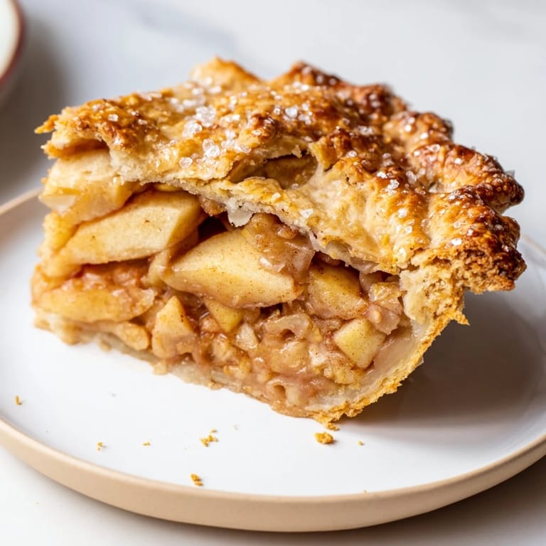 This homemade Apple Pie boasts a perfectly crimped crust and a bubbling, spiced fruit filling.