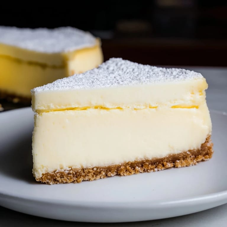 This image reveals a beautifully baked New York cheesecake, perfect for a special treat with its rich, velvety layers.