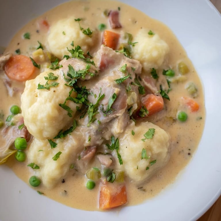A close-up shot of steaming Chicken and Dumplings showcasing the tender chicken and fluffy, cooked dumplings.