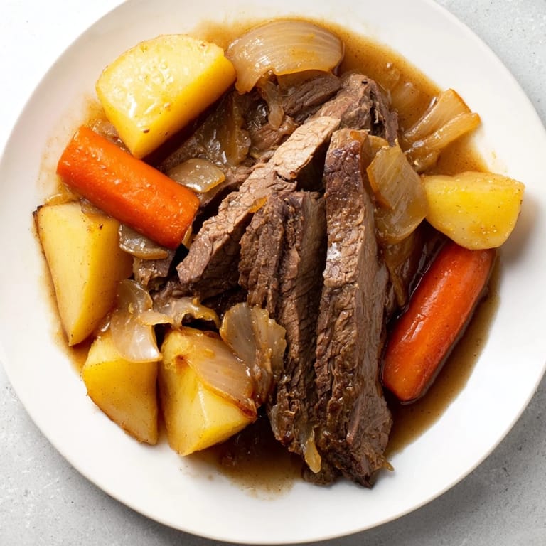 A bubbling Dutch oven showcases a classic Beef Pot Roast, steaming and ready for a hearty family meal.
