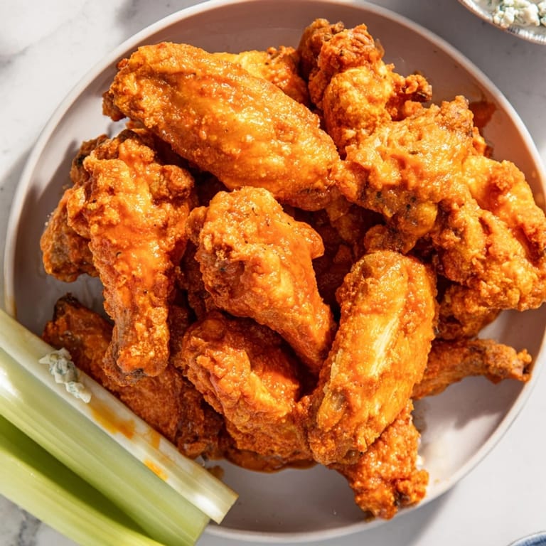 Golden-brown Buffalo wings, fresh from the fryer, swimming in a vibrant, flavorful sauce.