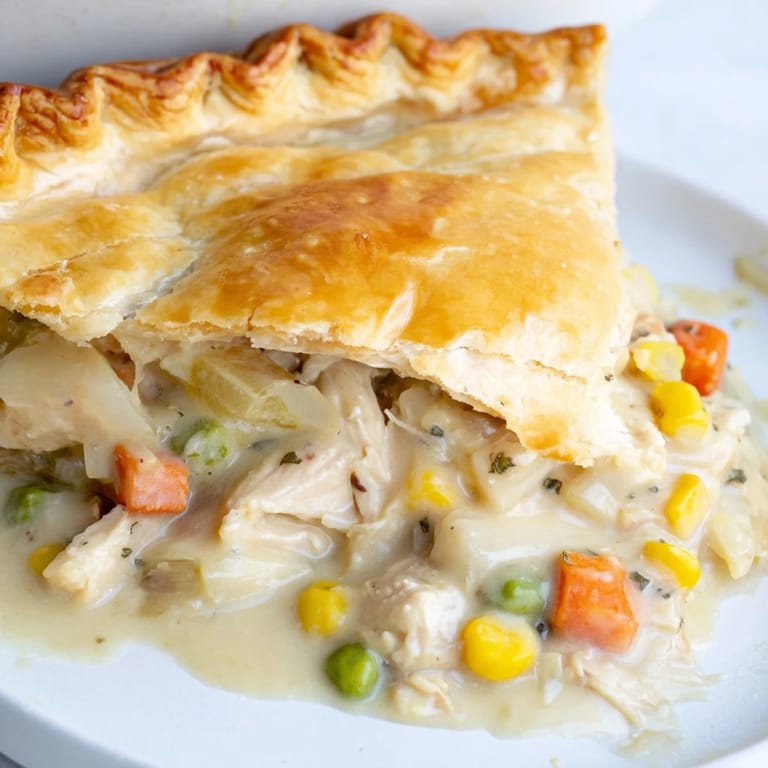 Homemade chicken pot pie fresh from the oven, with steam rising above a savory filling.