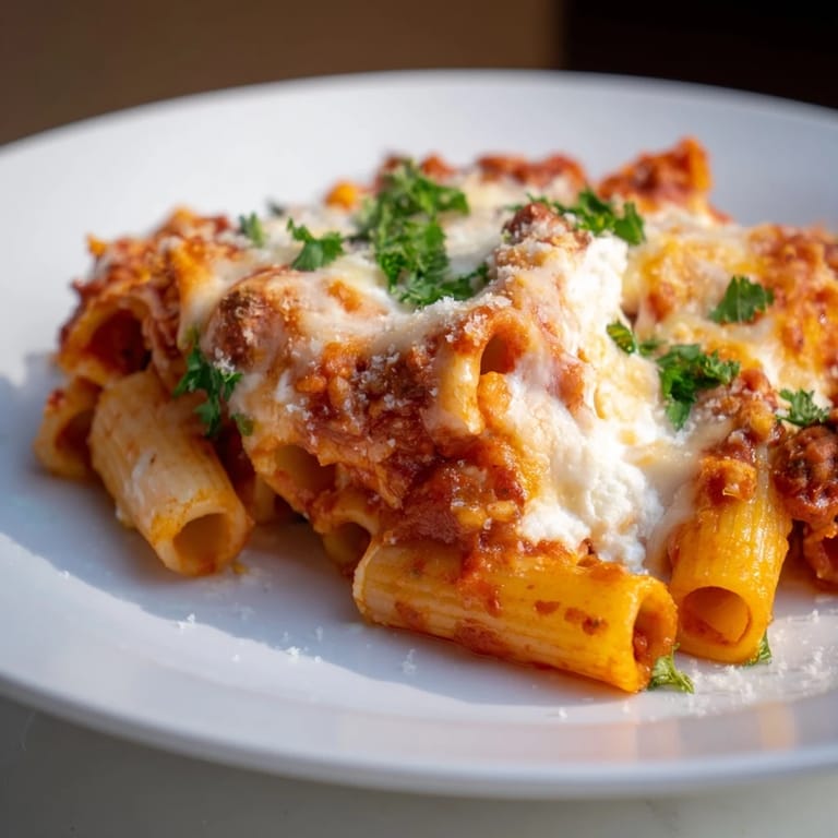 A close-up of baked ziti, showing layers of pasta, creamy ricotta, and melted mozzarella cheese.
