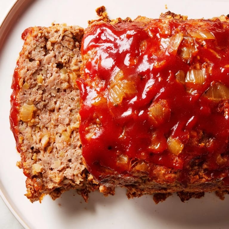 Homemade meatloaf, a hearty American classic, ready to serve with flavorful, moist slices.