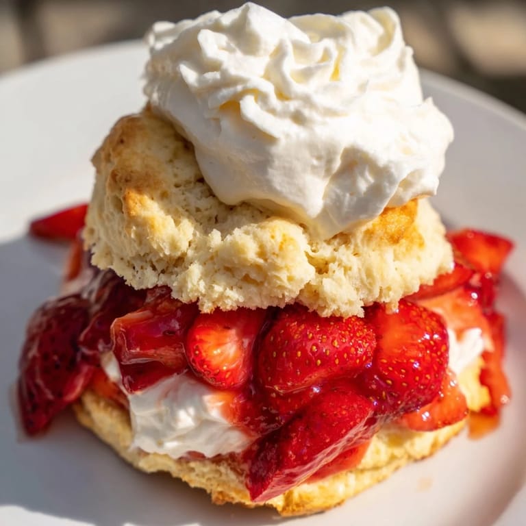 A close-up of a delightful homemade strawberry shortcake, perfect for summer celebrations and sweet cravings.