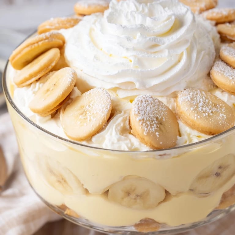 A beautiful view of Southern banana pudding featuring whipped cream topping and fresh banana.