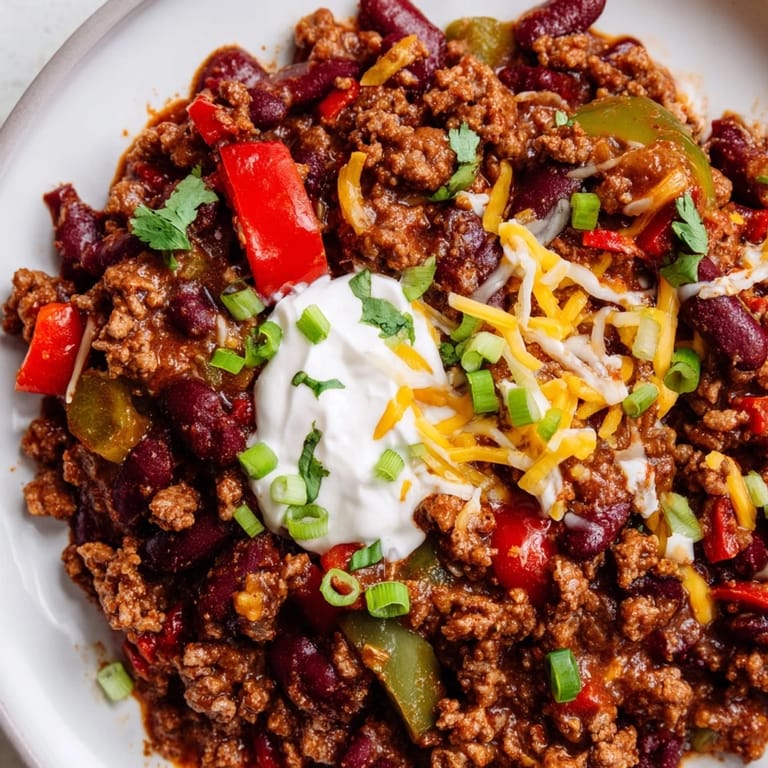Close-up of a vibrant Chili con Carne, featuring tender beef and kidney beans, ready to enjoy.