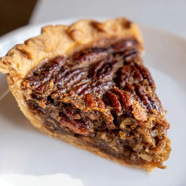 A slice of warm pecan pie, showing the gooey, caramelized filling and crunchy pecans.