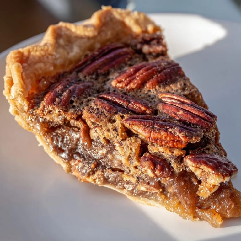 Freshly baked pecan pie, served on a plate, ideal for a holiday dessert or special occasion.