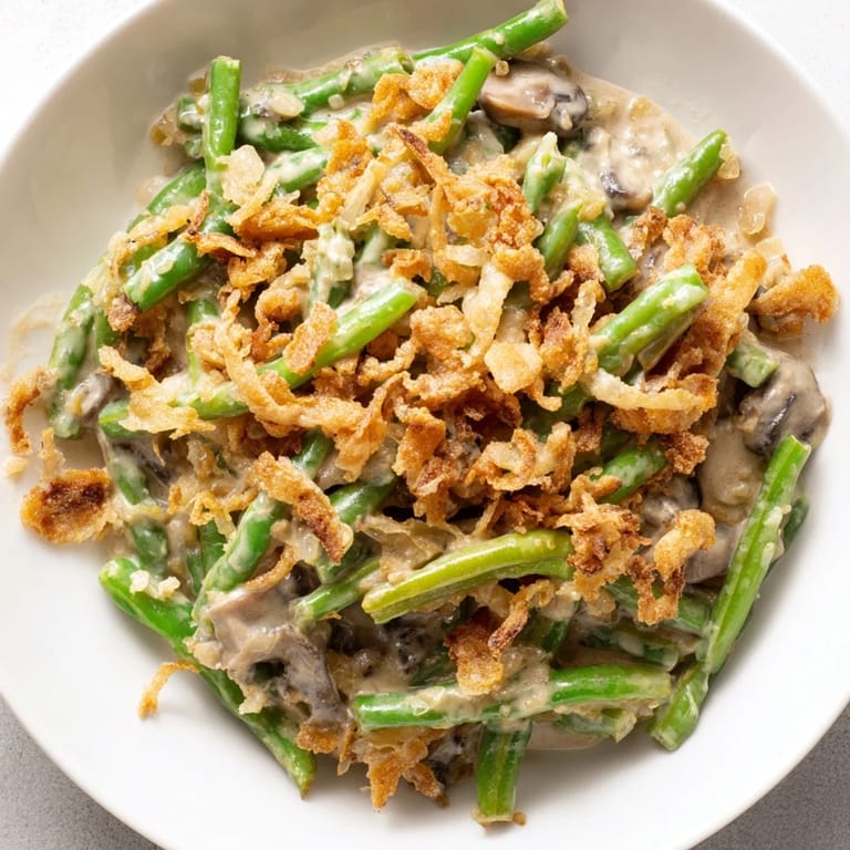 A bubbling baking dish filled with creamy Green Bean Casserole, perfect for a cozy holiday meal.
