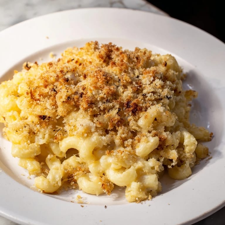 A close-up of a warm bowl of homemade Macaroni and Cheese, rich and cheesy, perfect comfort food.