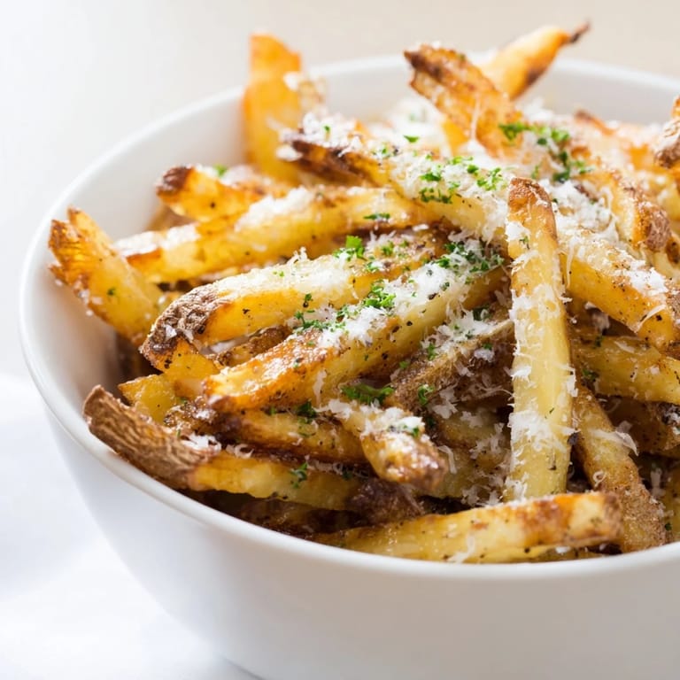 Close-up of crispy Truffle Parmesan Fries tossed with aromatic truffle oil and grated Parmesan cheese.