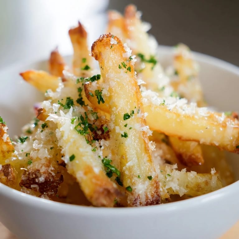 Savory Truffle Parmesan Fries served hot alongside creamy garlic aioli dipping sauce for dipping.