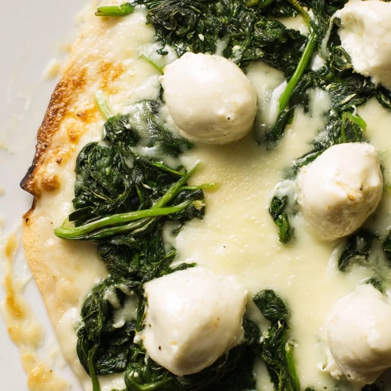 Sliced Spinach Ricotta Pizza showing the savory spinach and ricotta layers, served with a fresh green salad.