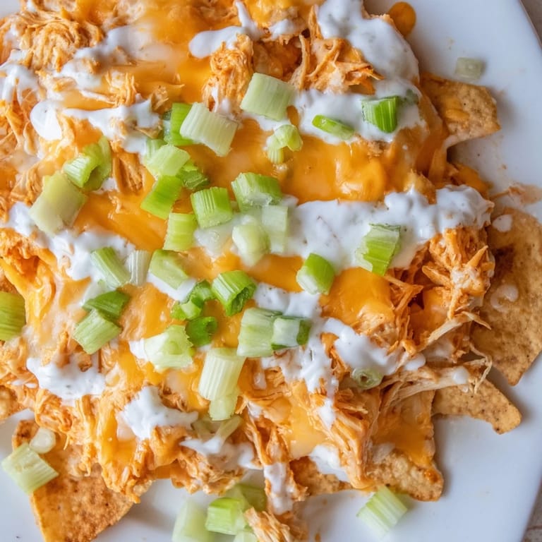 Golden Buffalo Chicken Nachos with melted Monterey Jack and cheddar, finished with cilantro and green onions for a colorful appetizer.