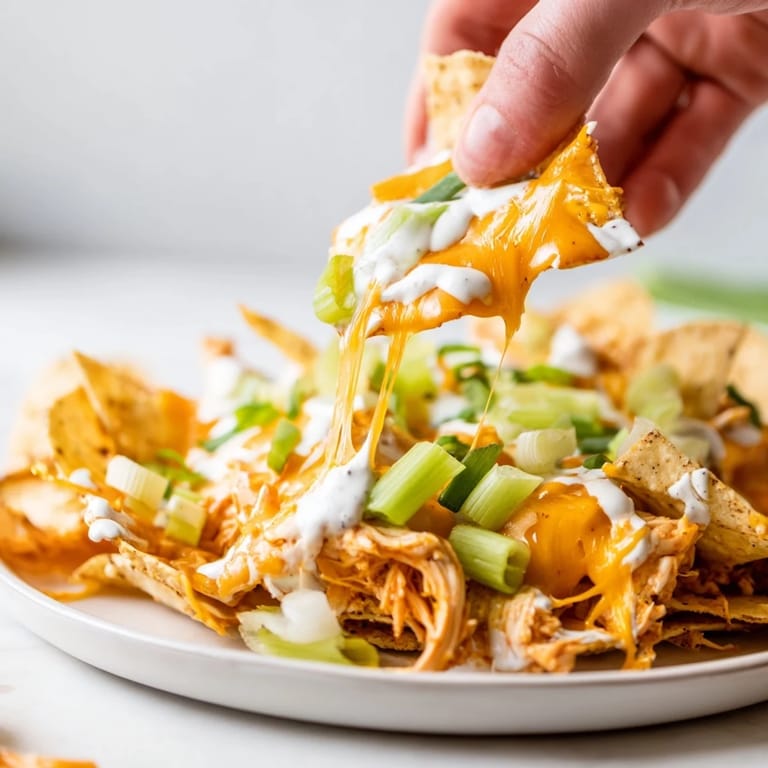Hearty platter of baked Buffalo Chicken Nachos topped with ranch drizzle, diced celery, and tomatoes, ready for game day sharing.
