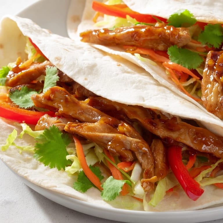 Golden honey sriracha chicken wrap served with shredded lettuce and carrots, sliced on a plate.