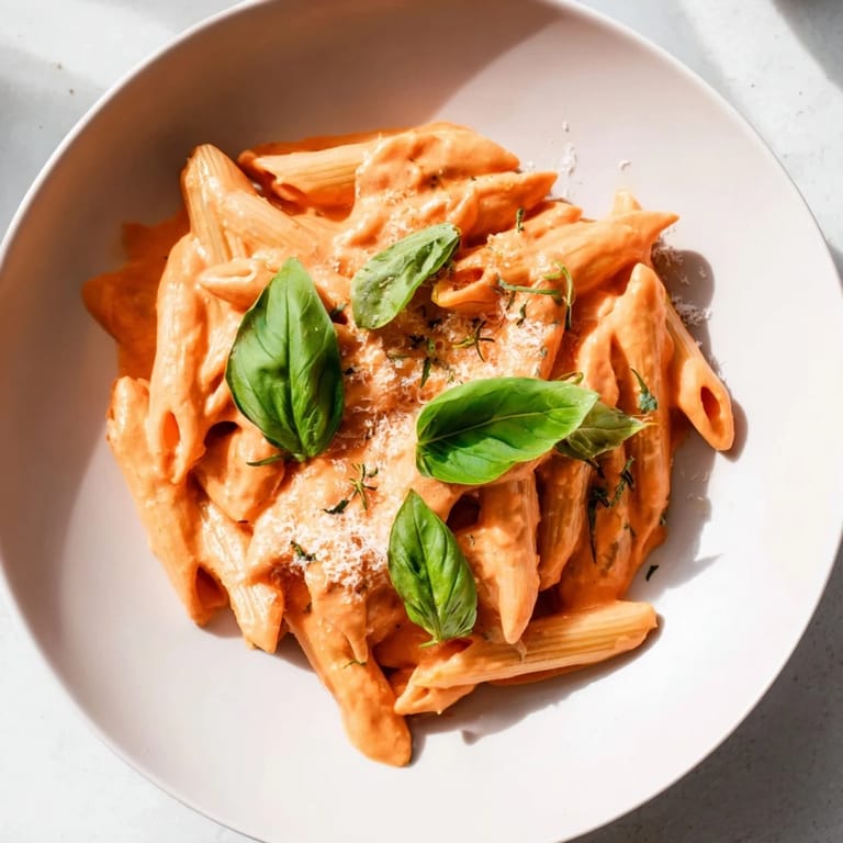 Bowl of roasted red pepper pasta with creamy orange sauce and a sprinkle of crushed red pepper.