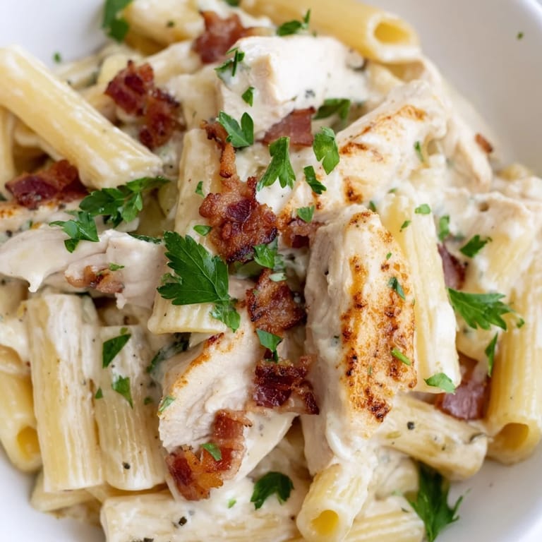 Comforting Creamy Chicken Bacon Penne dinner plated with a side salad, showcasing a luscious sauce and generous Parmesan shavings.