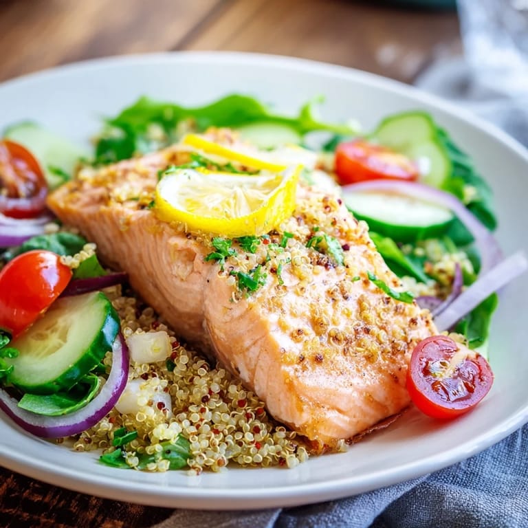 A close-up of warm salmon resting on a colorful lemon herb salmon salad, featuring cherry tomatoes, cucumber, and herbs.