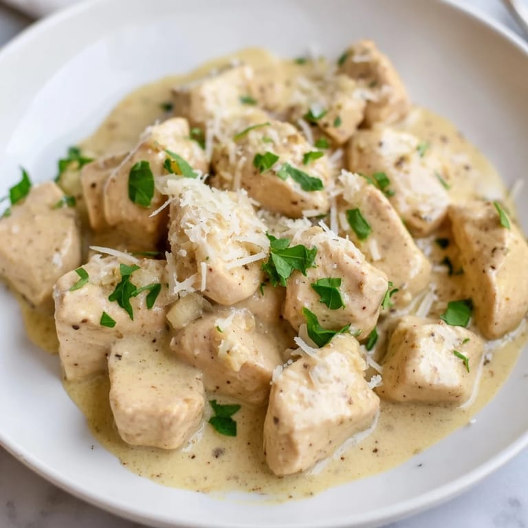 Plate of Creamy Garlic Chicken Bites on a bed of rice, drizzled with creamy sauce.
