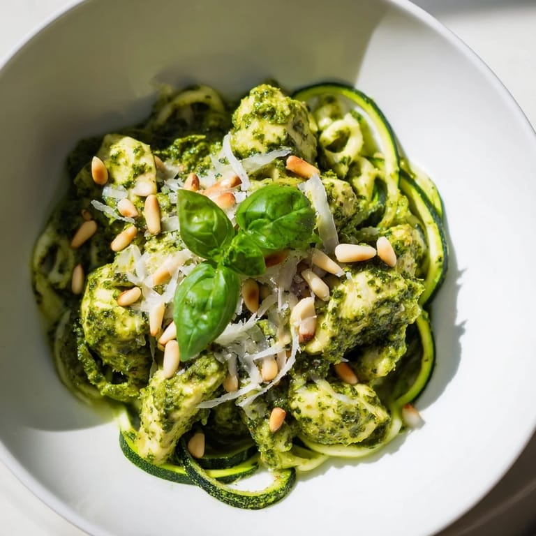 A close-up of tender chicken, spiralized zucchini, and fresh basil leaves in a light, summery pesto sauce.  