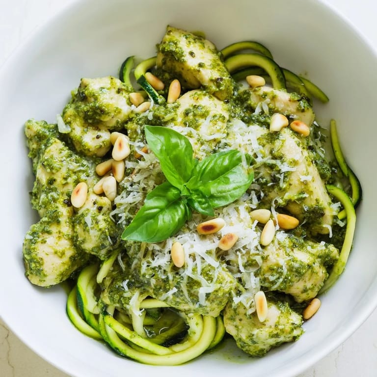 Served Pesto Zucchini Chicken Bowl with lemon wedges, showing a low-carb, gluten-free main dish for family dining.