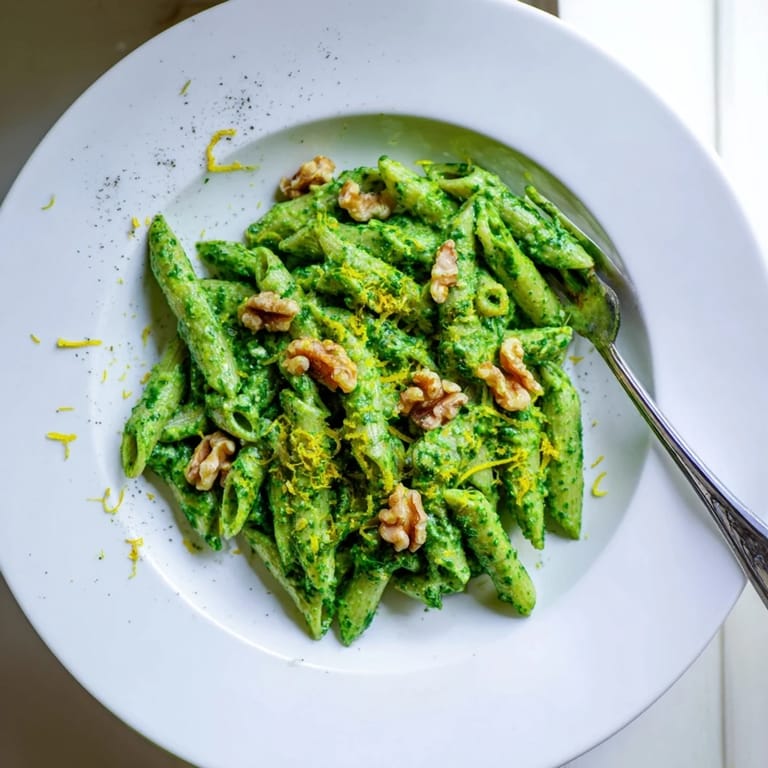 Creamy Spinach Walnut Pasta plated on a rustic wooden table, surrounded by fresh spinach leaves and whole walnuts for a fresh, farm-to-table feel.