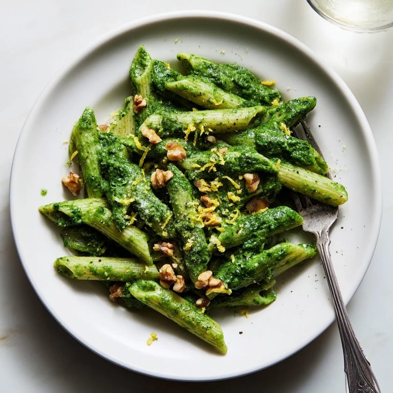 Creamy Spinach Walnut Pasta twirled on a fork, showing the velvety, vibrant green sauce, ready to serve for a quick vegan weeknight dinner.