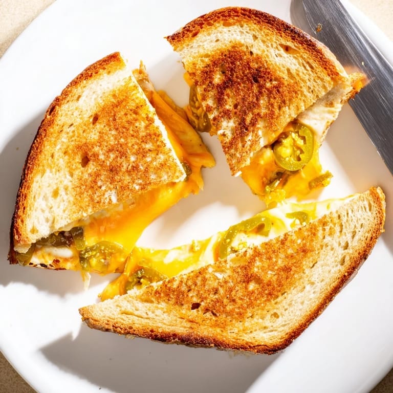 Serve this Jalapeño Pepper Jack Grilled Cheese hot, cut diagonally to reveal the gooey, cheesy, and peppery layers.
