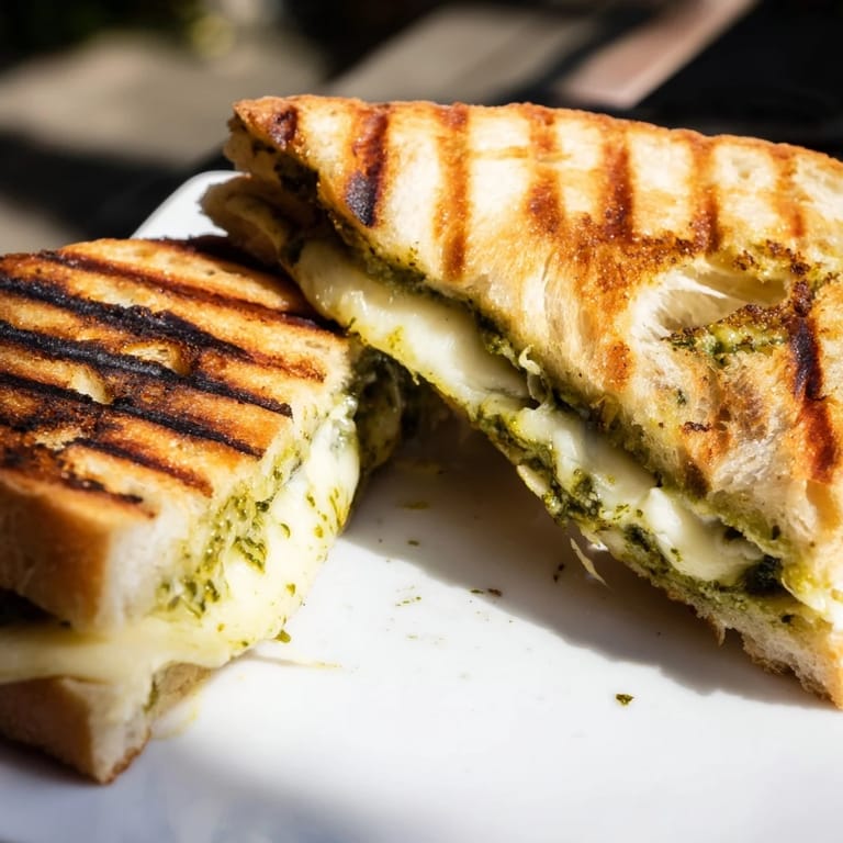 Sourdough pesto grilled cheese on a cutting board, garnished with fresh basil, ready for dipping.