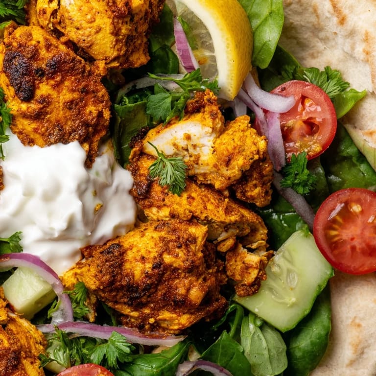 A vibrant Chicken Shawarma Salad Bowl with juicy marinated chicken, crisp vegetables, and a dollop of zesty homemade yogurt dressing on the side.  