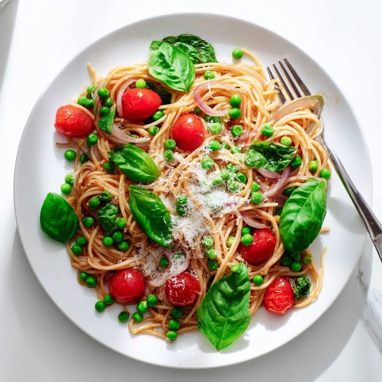 A close-up of Spring Veggie One-Pot Spaghetti topped with fresh basil and grated Parmesan on a plate.