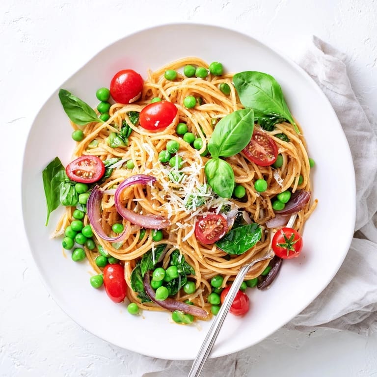The finished Spring Veggie One-Pot Spaghetti served family-style with a lemon wedge and red onion garnish.