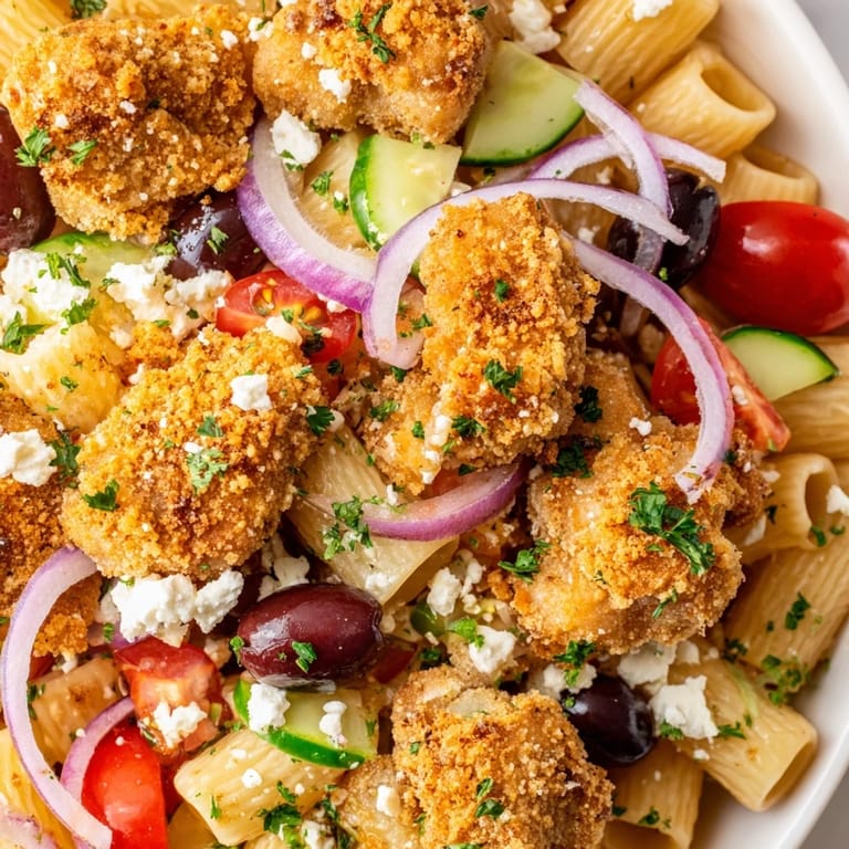 Savor this Crispy Chicken Greek Pasta, a warm main course with golden-brown chicken, fresh herbs, and crumbled feta, served ready to enjoy.