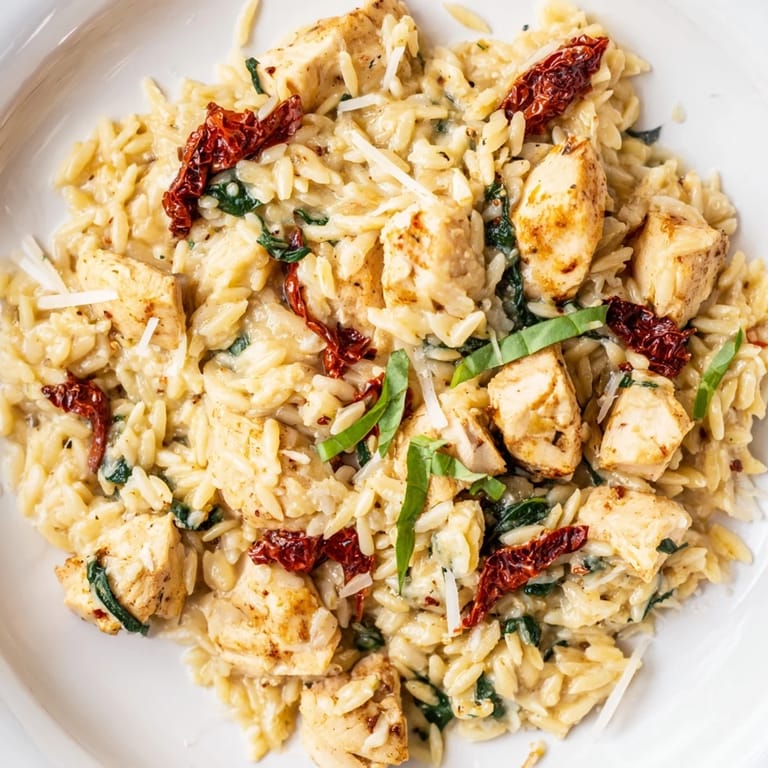 A rustic skillet of Tuscan Chicken Orzo with creamy sauce, bright tomatoes, and steaming pasta ready to serve.