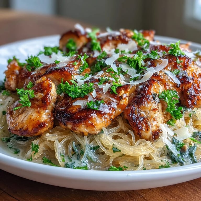Savory chicken and spaghetti squash dish, finished with fresh parsley and grated Parmesan cheese.