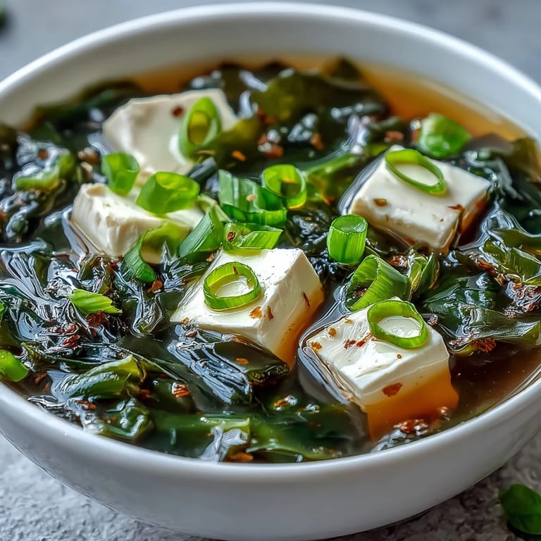 A close-up view of savory Japanese Wakame Soup featuring rehydrated seaweed and silky tofu.