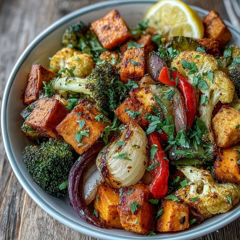 A close-up of Anti-Inflammatory Turmeric Roasted Vegetables, fragrant with turmeric and cumin, garnished with fresh cilantro and lemon.