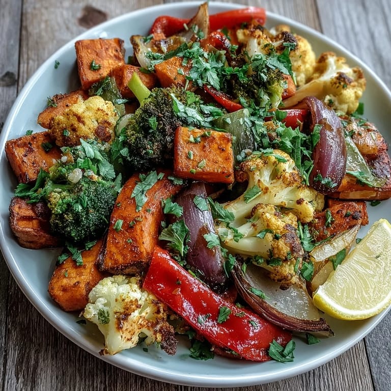 Roasted Anti-Inflammatory Turmeric Roasted Vegetables with colorful cauliflower, sweet potato, and bell pepper, ready to enjoy as a side dish.