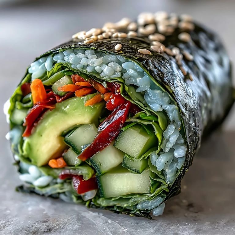 Fresh Nori Rolls with Vegetables neatly arranged in a bamboo mat, showing layers of colorful fillings perfect for a quick, healthy snack.