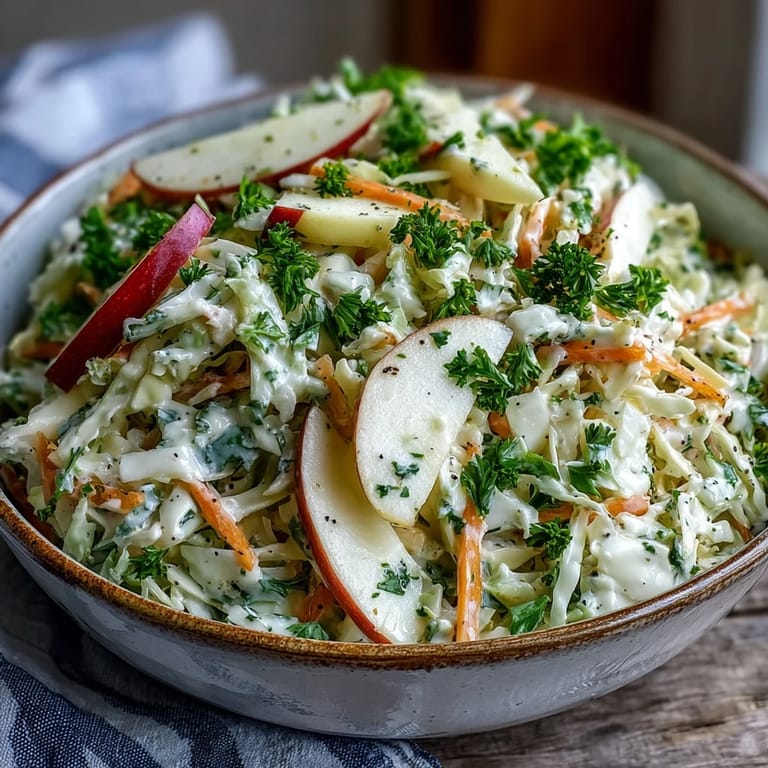 Shredded Green Cabbage and Apple Slaw tossed with shredded carrots and green onions, ready to serve as a refreshing side dish at a summer barbecue.