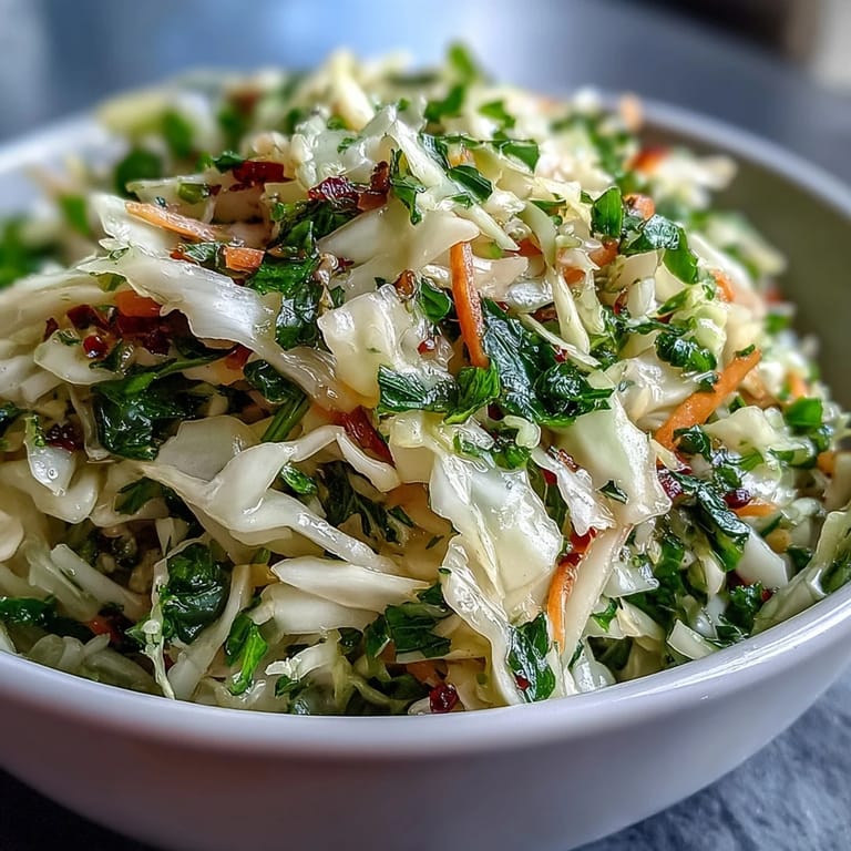 Close-up texture shot of Sauerkraut Slaw featuring fermented cabbage, crisp veggies, and herbs, showcasing the crunchy consistency of this easy, German-inspired vegan recipe.