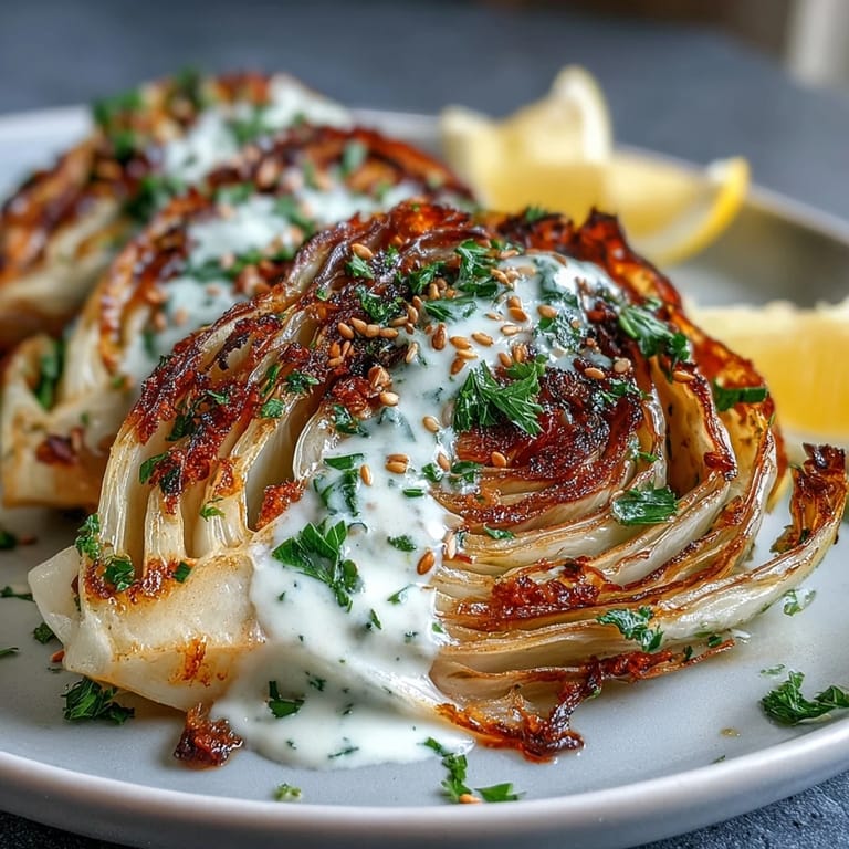 Savory roasted cabbage steaks with creamy tahini sauce, served warm as a hearty vegan main dish or flavorful side for dinner.
