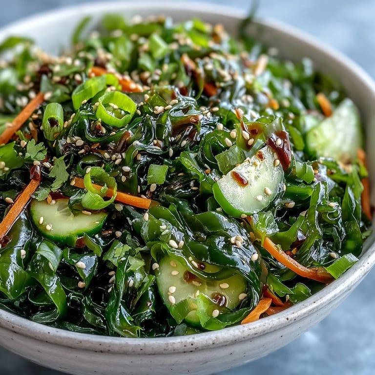 A close-up view of a Japanese seaweed salad garnished with toasted sesame seeds and fresh cilantro, served in a white ceramic bowl.  