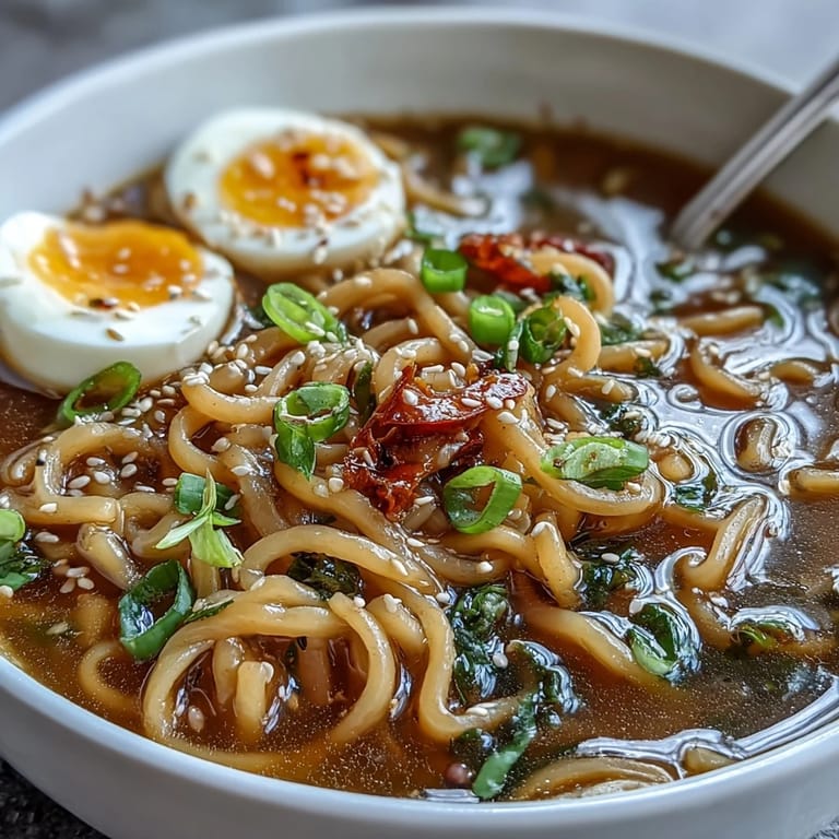 Gluten-free shirataki noodles soaking up a rich, umami broth with a hint of sesame and chili, ready to enjoy.