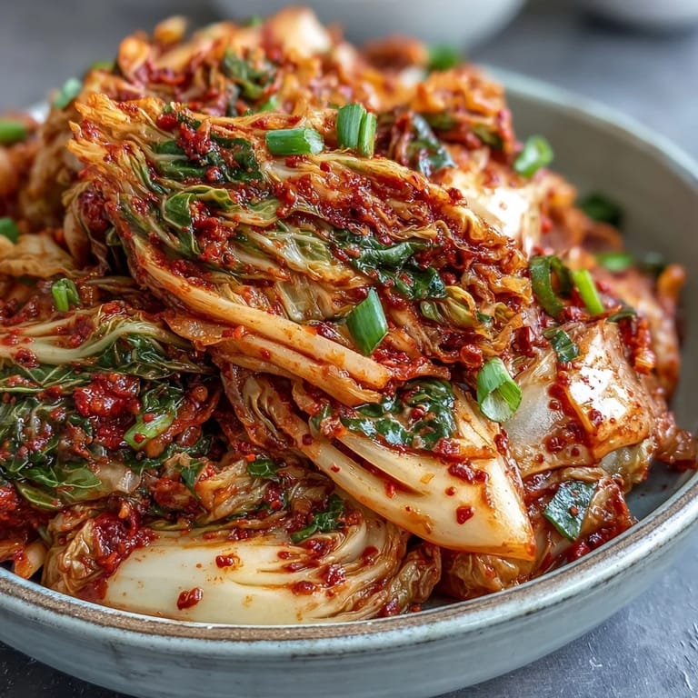 In a clear glass jar, freshly made kimchi rests with its spicy, tangy fermentation paste clinging to each vegetable piece.